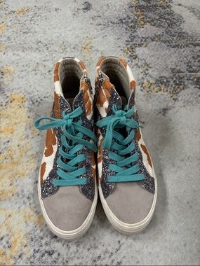 GBG Los Angeles Teal Lace High-Top Sneakers with Brown Cow Print & Gray Suede
